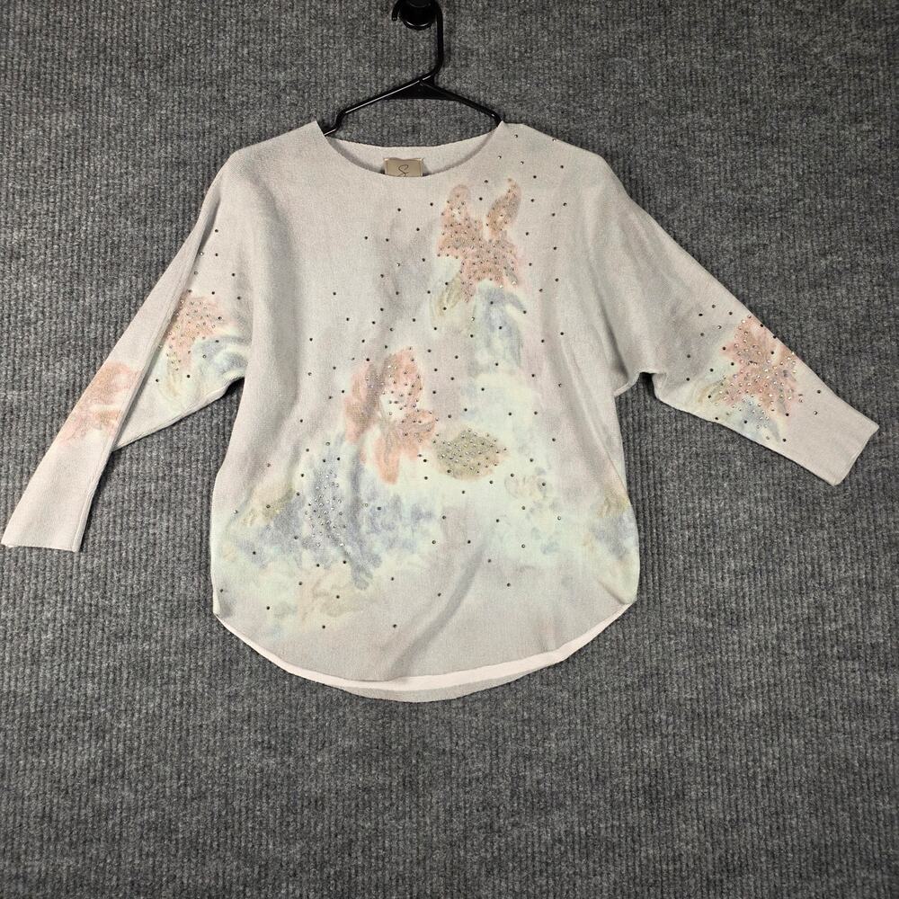 Sioni Embellished Floral Knit Sweater Top Gray Medium